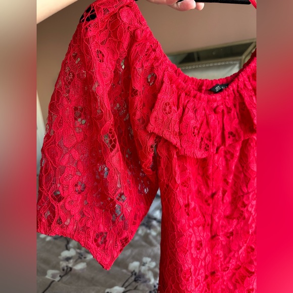 Zara Red Lace Midi Dress Button Down Size M Off-shoulder A Line Dress - Picture 8 of 15